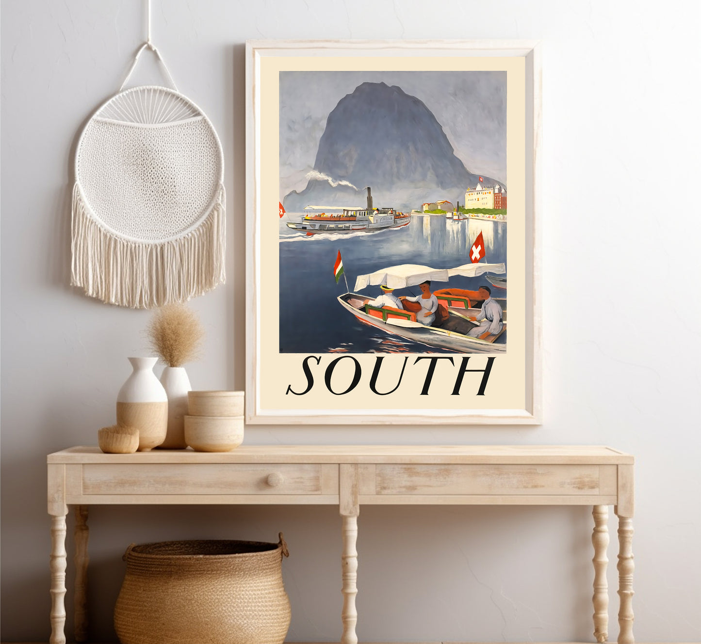 South, Lugano lake, Switzerland vintage travel poster by Otto Baumberger, 1924.