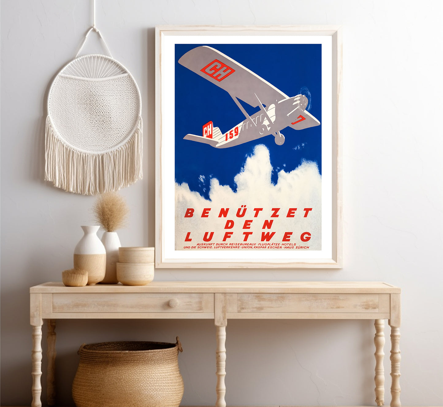 Extremely rare Luftweg, Switzerland vintage travel poster by Otto Baumberger, 1928.