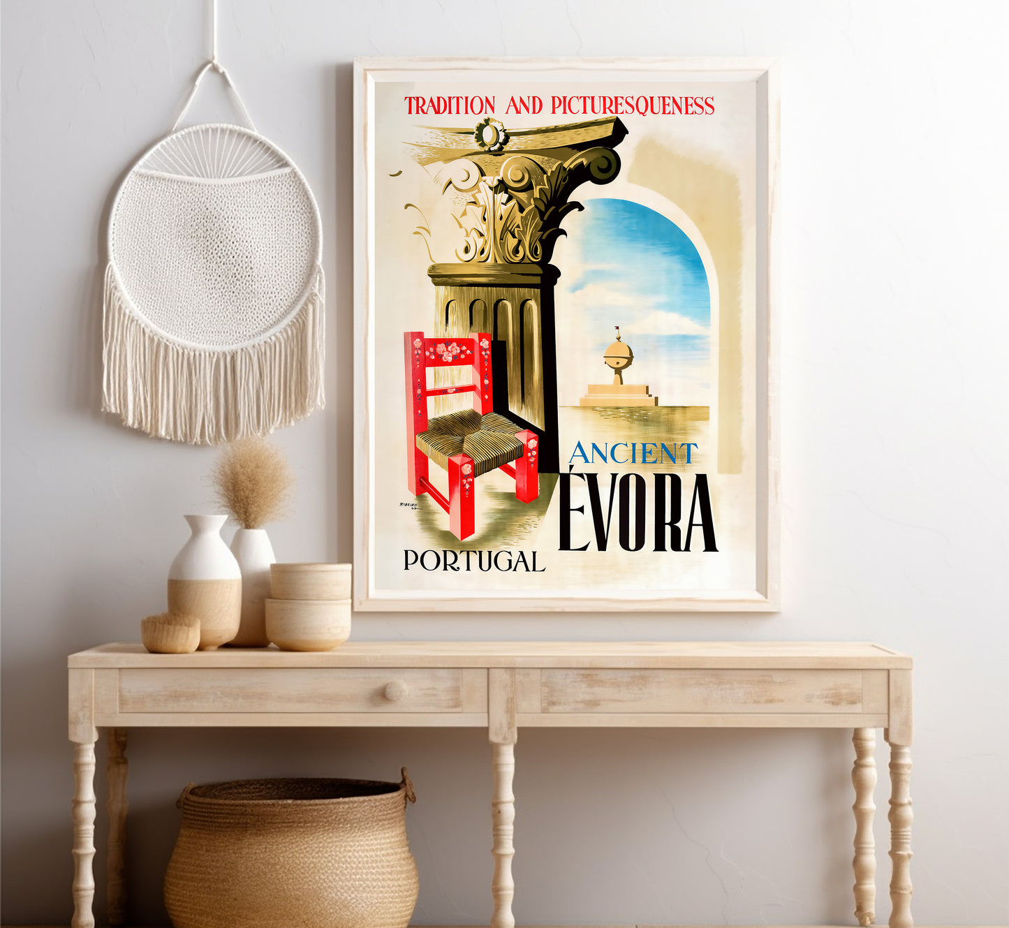 Ancient Evora Portugal vintage travel poster by Ribeiro, 1947.