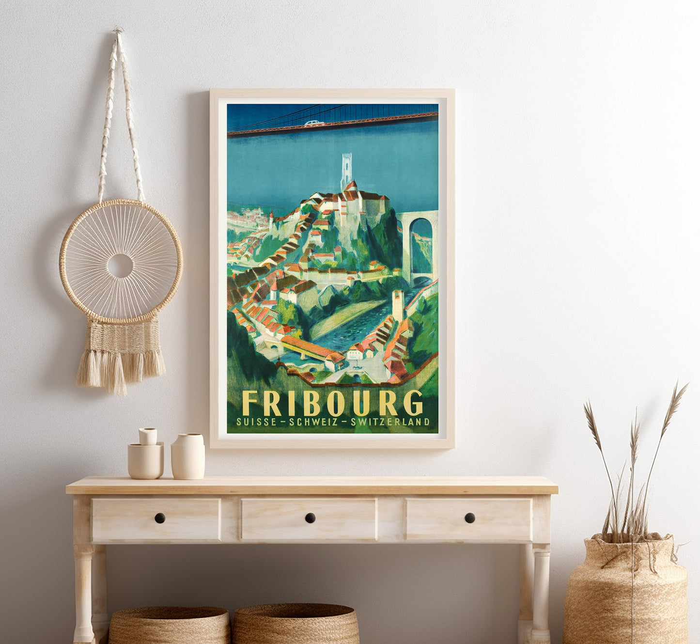 Fribourg, Switzerland vintage travel poster by Willy Jordan, c. 1945.