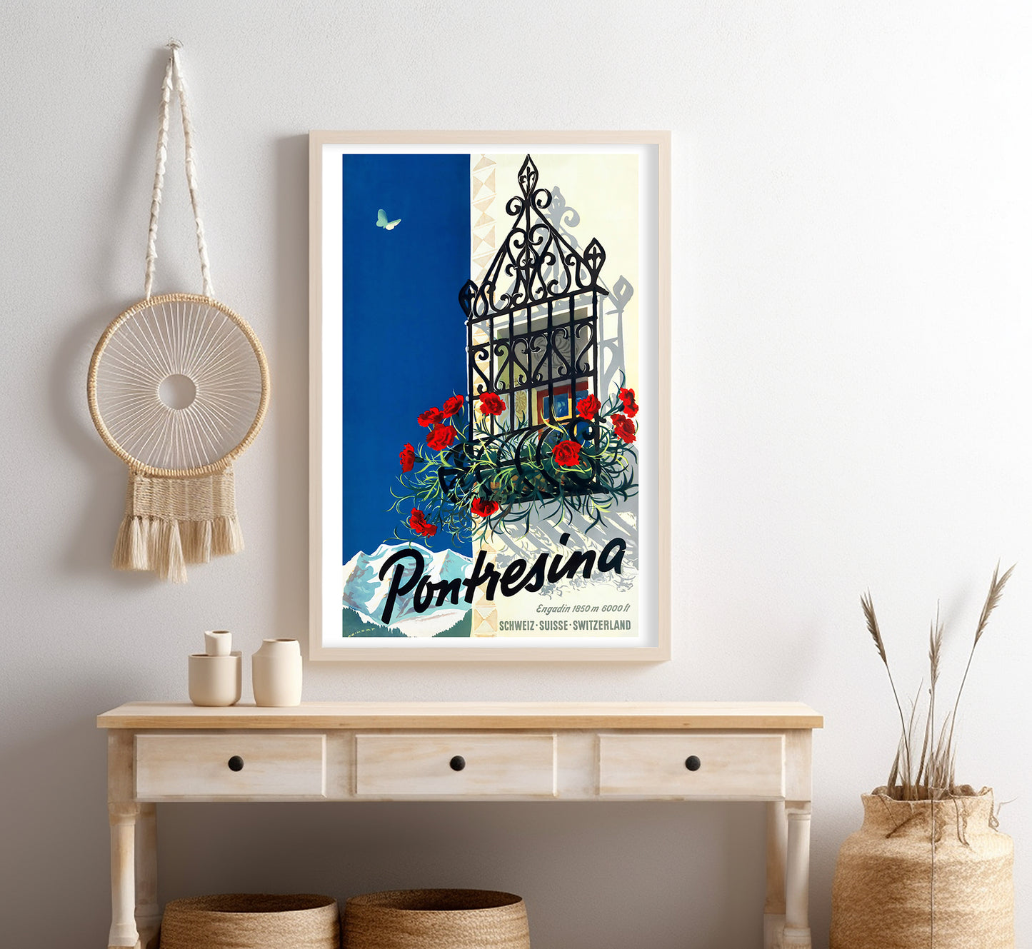 Pontresina, Switzerland vintage travel poster by Martin Peikert, 1930s.