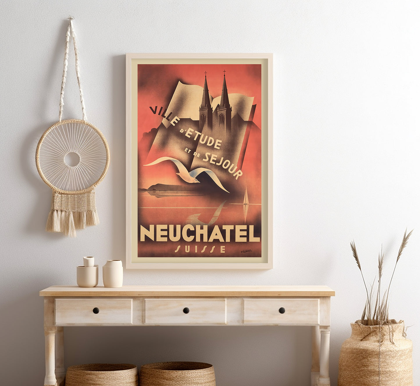 Rare Art Deco Neuchatel Switzerland vintage travel poster by J.P. Chatelain, 1930.