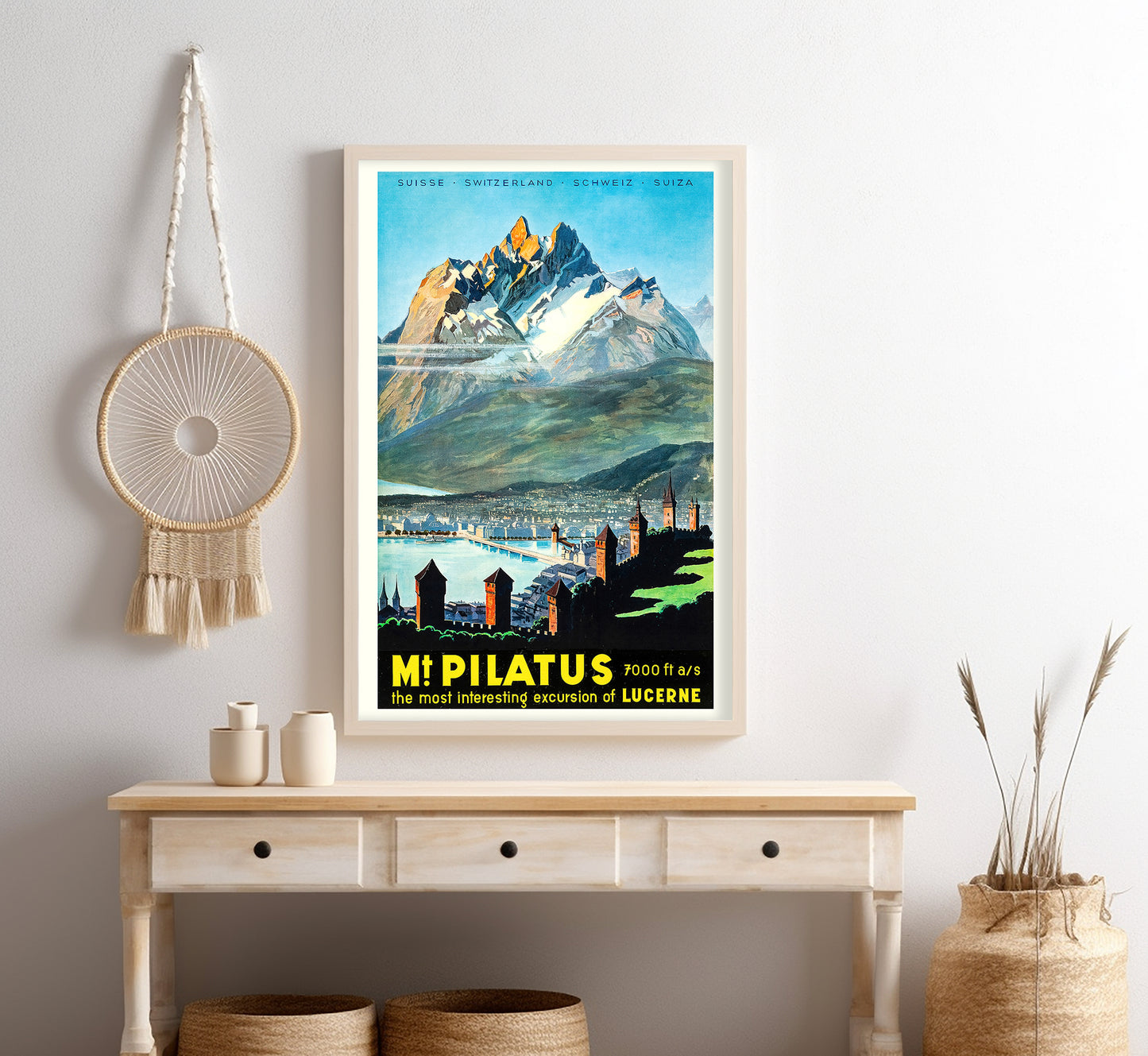 Pilatus mountain over Lucerne Switzerland vintage travel poster by unknown author, 1940s.