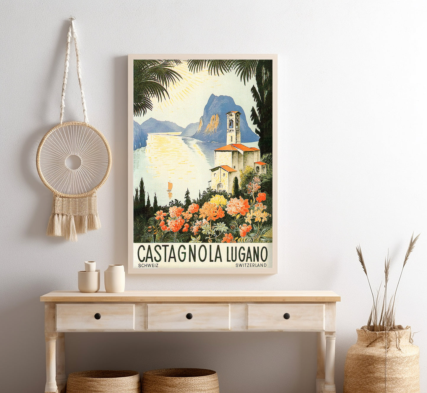 Castagnola, Lugano lake, Switzerland vintage travel poster by Mario Pescini from, c. 1937.