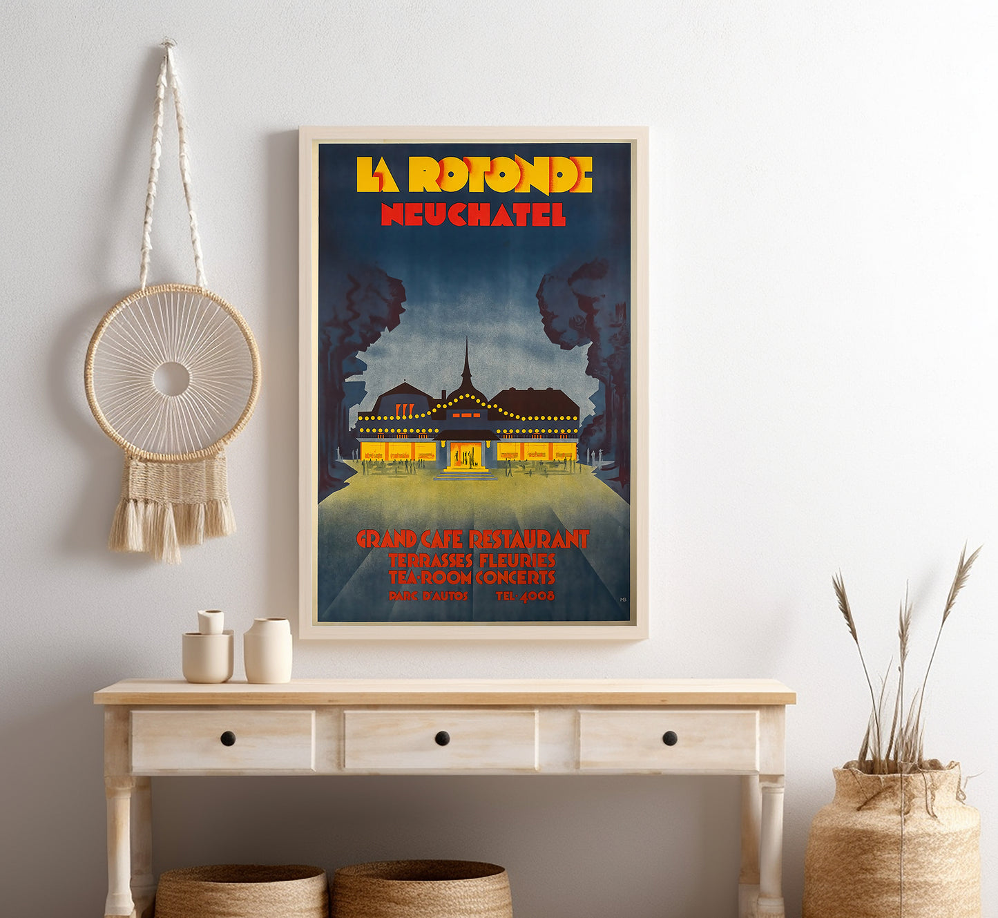 Highly collectable La Rotonde Neuchatel Switzerland vintage travel poster by Monogram, c. 1925.