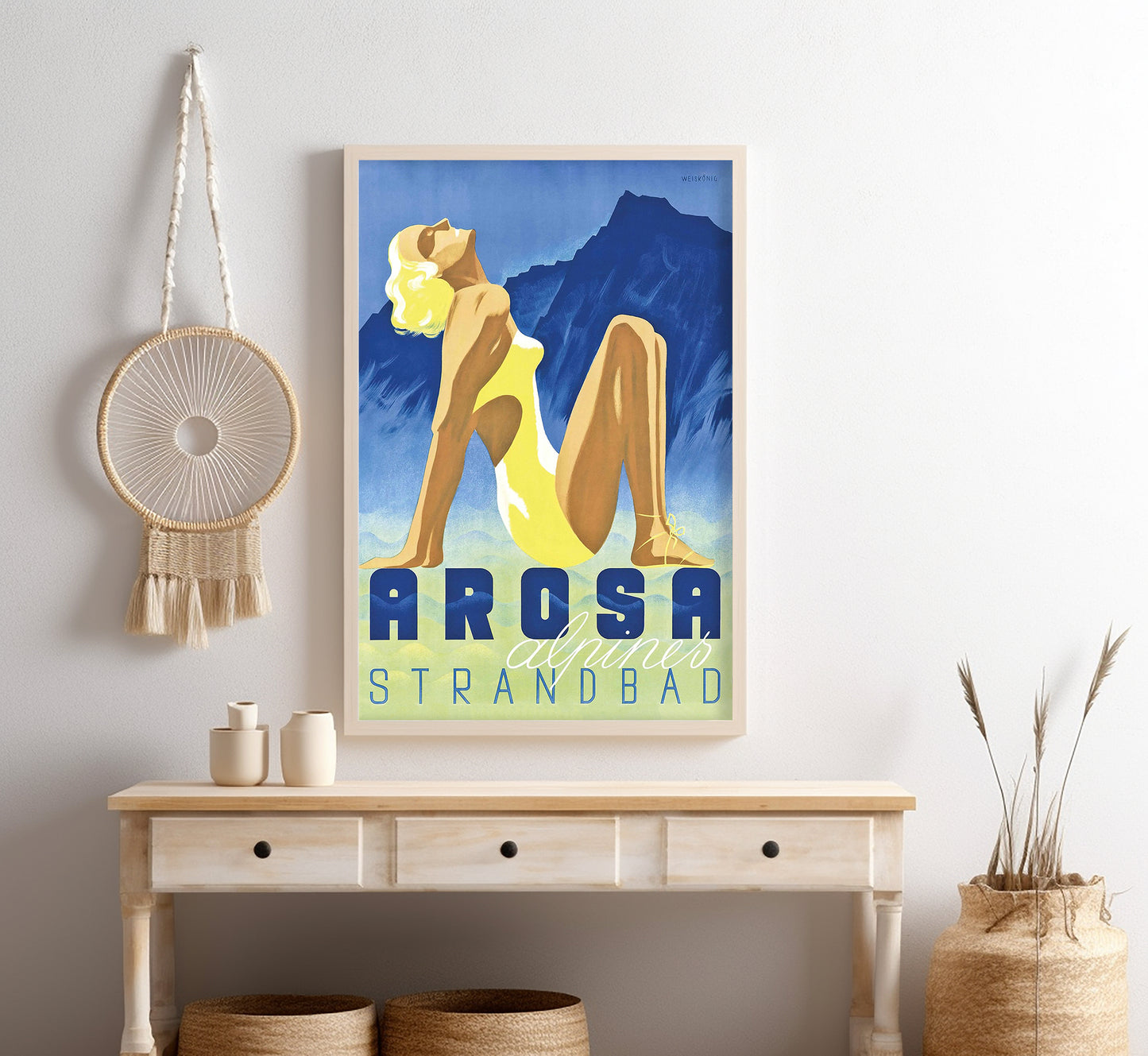 Arosa Strandbad, Switzerland vintage travel poster by Werner Weiskonig, 1930s.