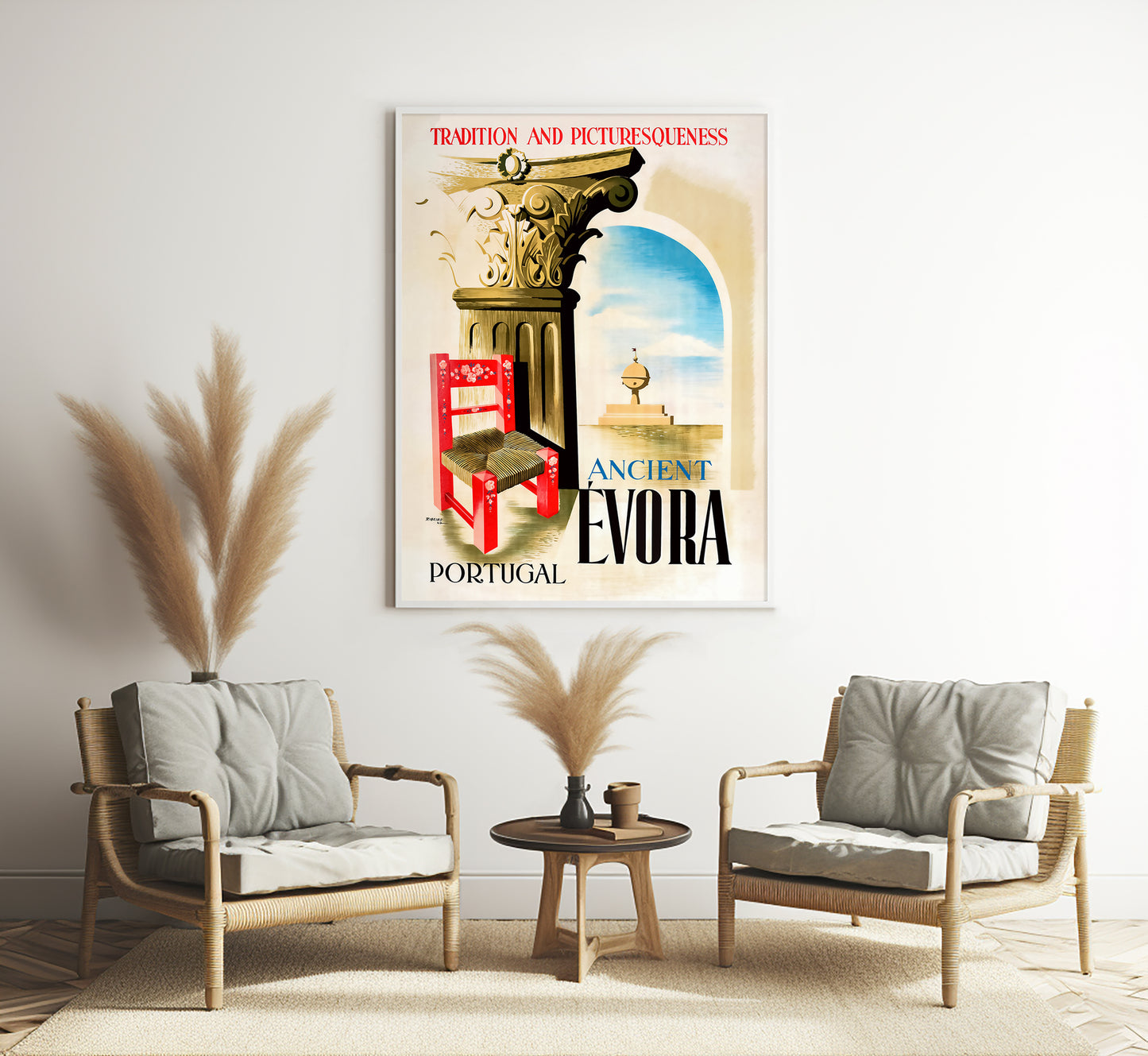 Ancient Evora Portugal vintage travel poster by Ribeiro, 1947.