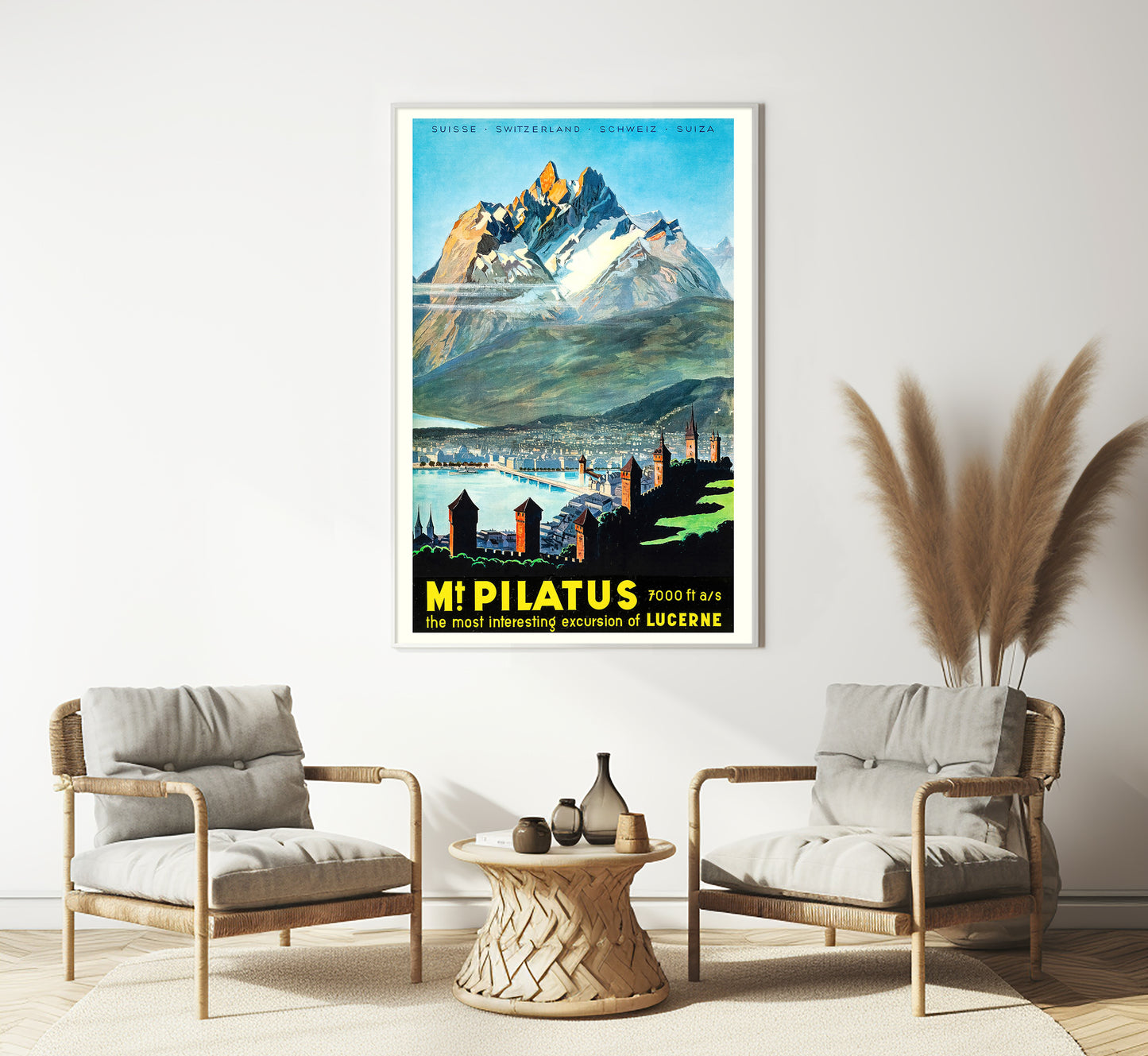 Pilatus mountain over Lucerne Switzerland vintage travel poster by unknown author, 1940s.