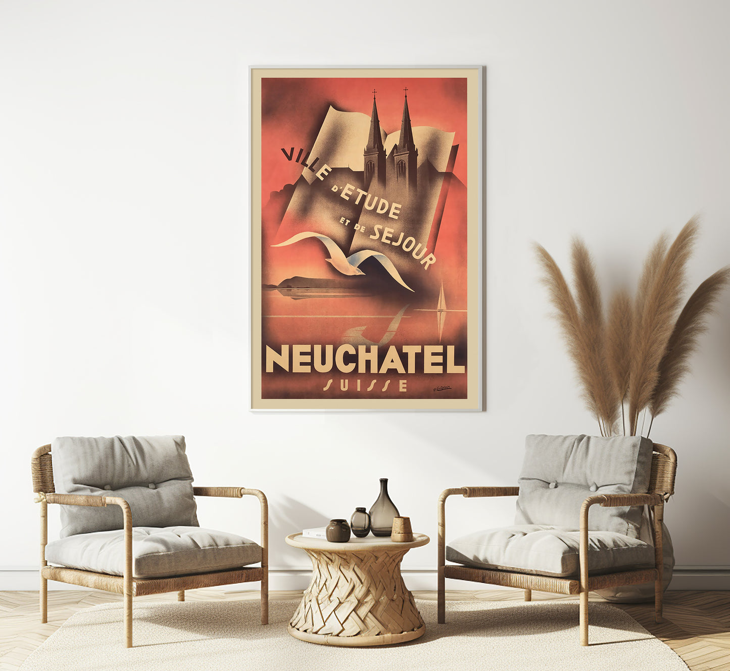 Rare Art Deco Neuchatel Switzerland vintage travel poster by J.P. Chatelain, 1930.