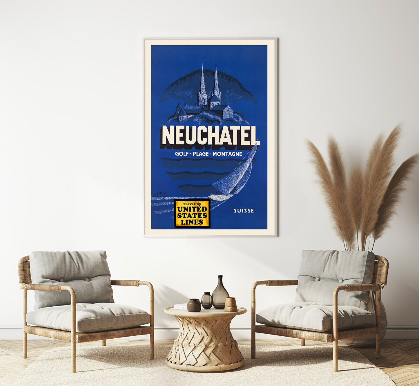Neuchatel, Switzerland vintage travel poster by Coulon, 1910-1959.