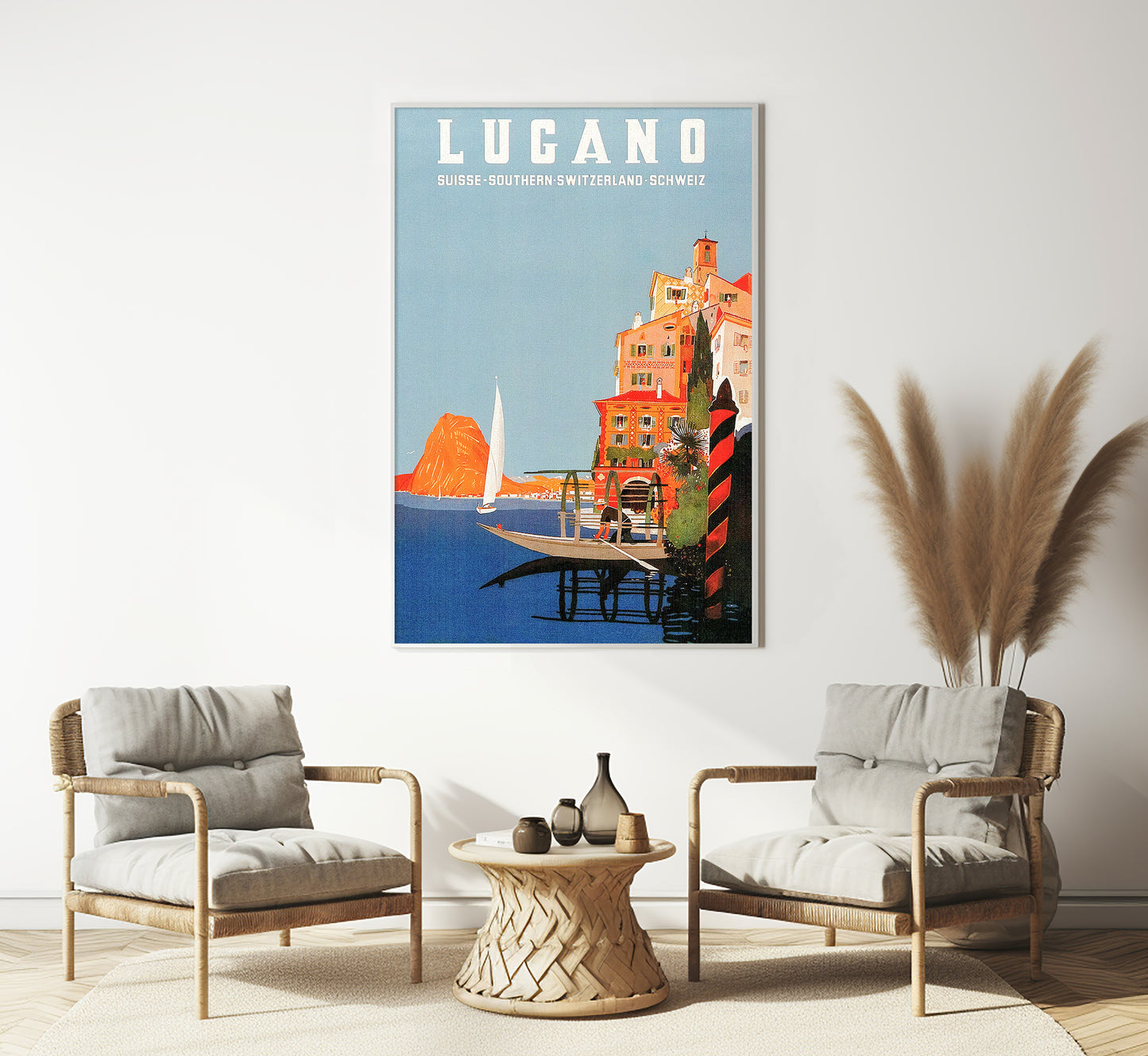 Lugano lake, Switzerland vintage travel poster by unknown author, c. 1930.