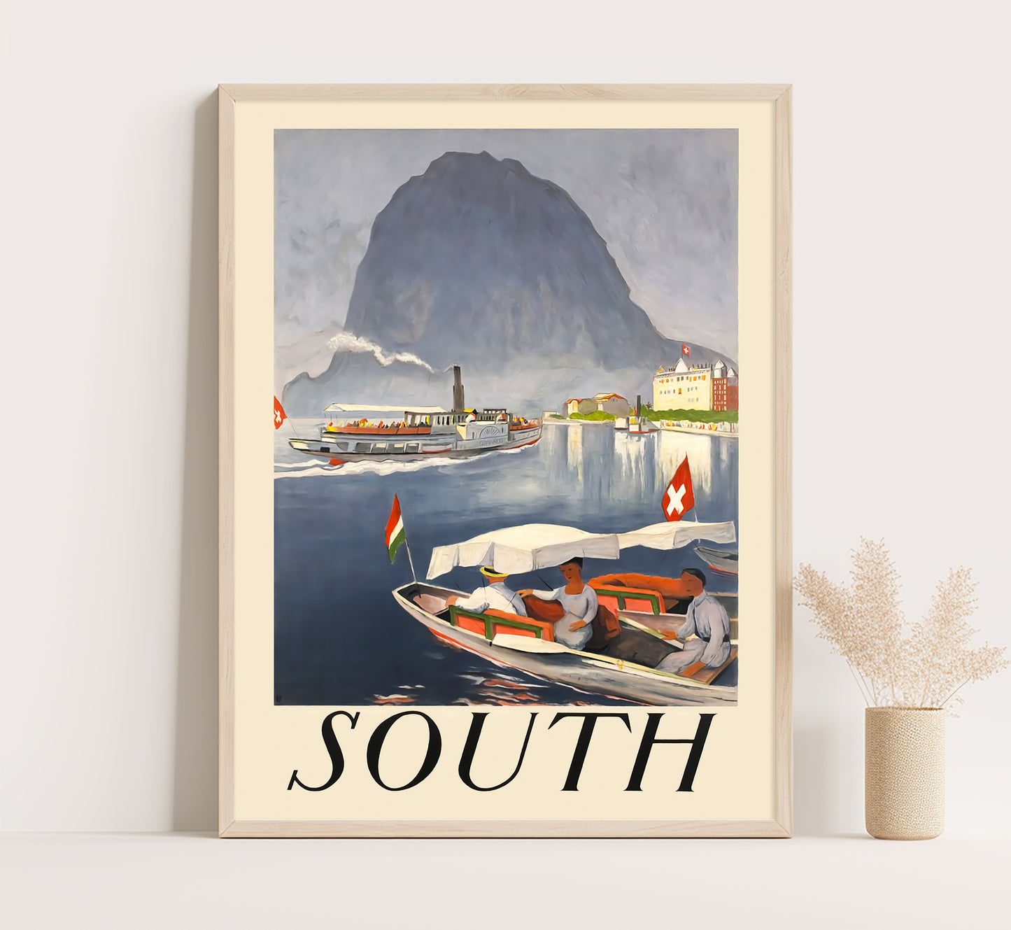 South, Lugano lake, Switzerland vintage travel poster by Otto Baumberger, 1924.