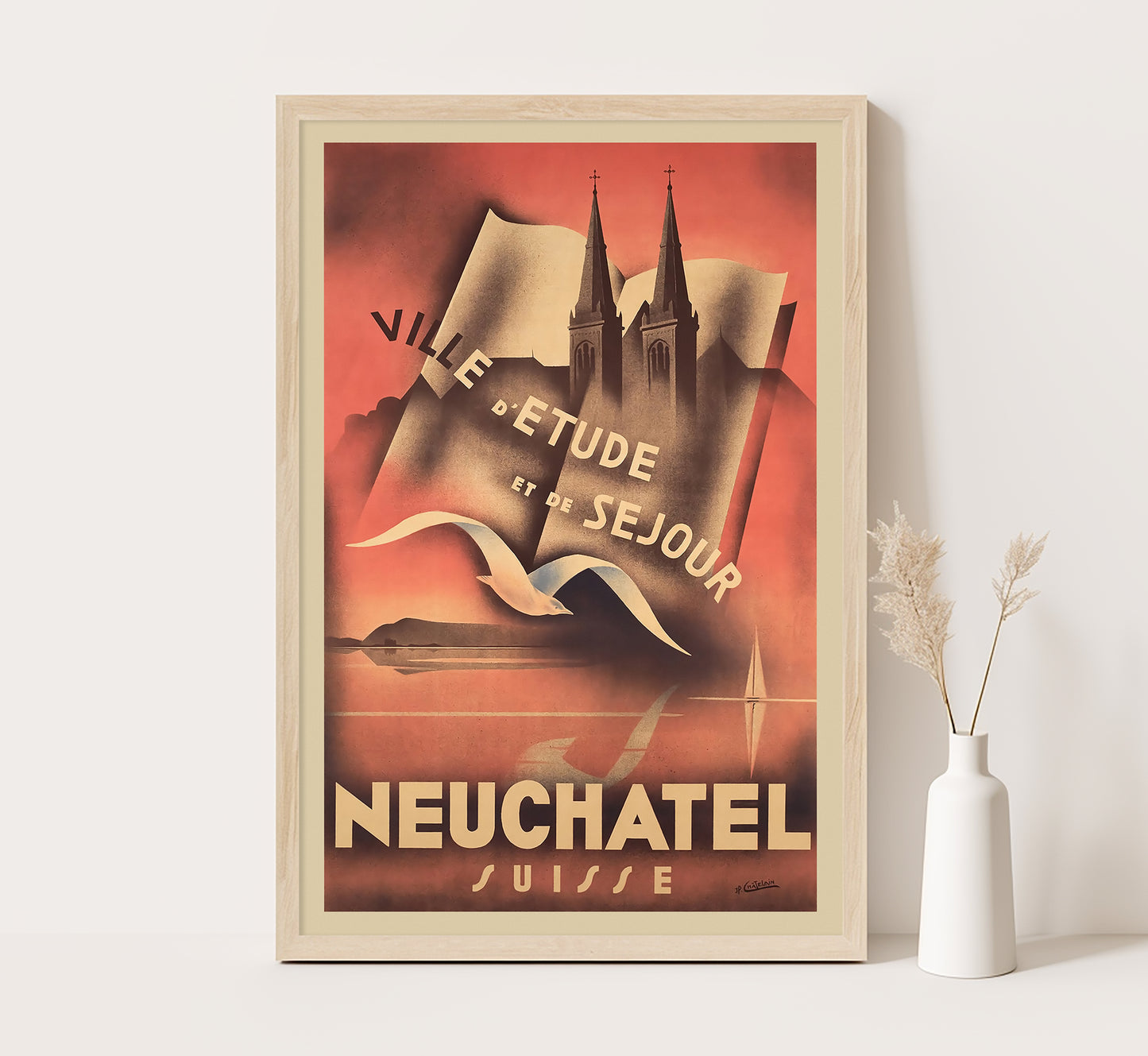 Rare Art Deco Neuchatel Switzerland vintage travel poster by J.P. Chatelain, 1930.