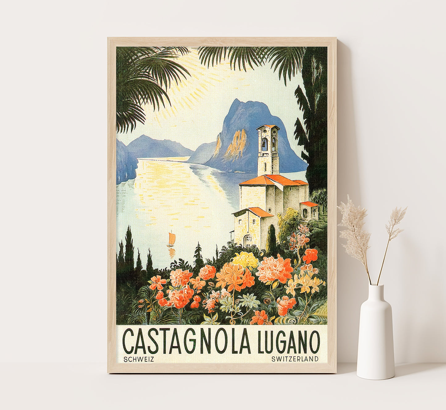 Castagnola, Lugano lake, Switzerland vintage travel poster by Mario Pescini from, c. 1937.