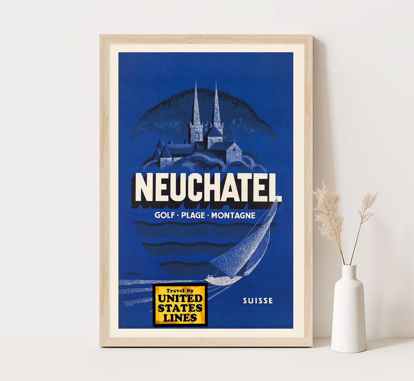 Neuchatel, Switzerland vintage travel poster by Coulon, 1910-1959.