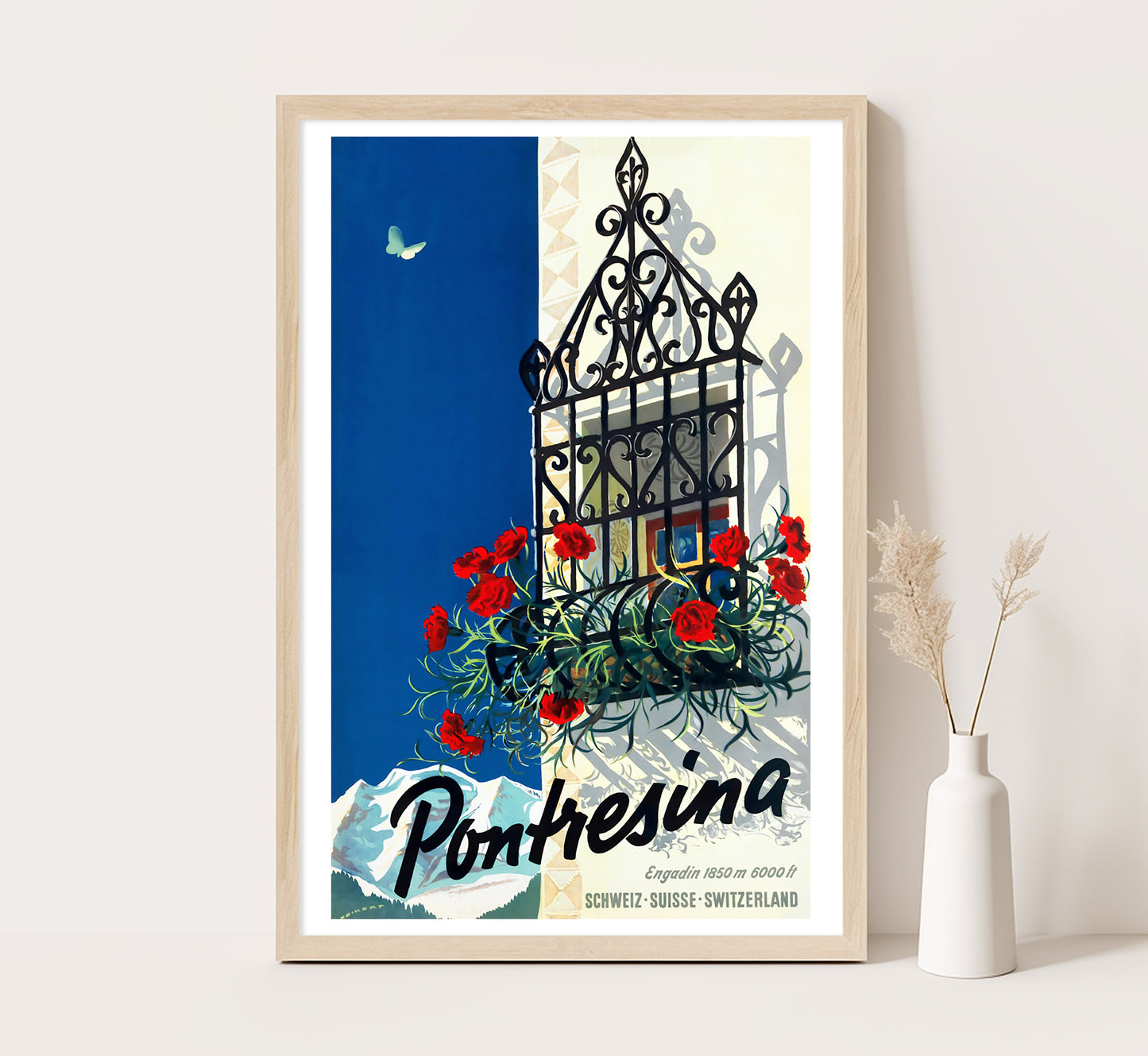 Pontresina, Switzerland vintage travel poster by Martin Peikert, 1930s.