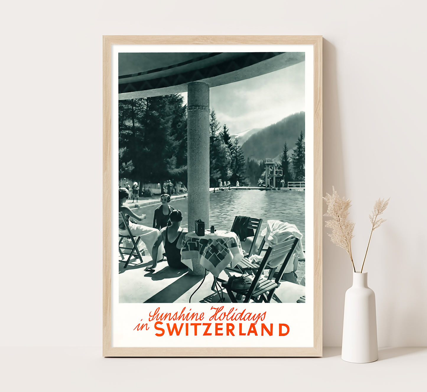 Sunshine Holidays in Switzerland vintage travel poster by Schweizerische Bundesbahnen, 1910-1959.