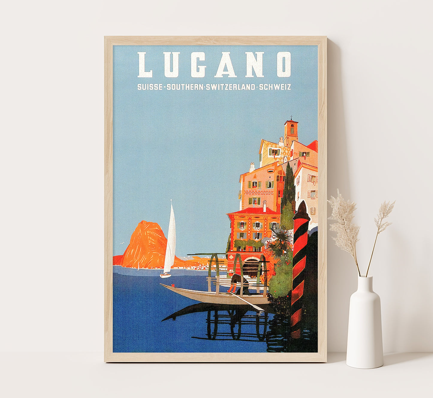 Lugano lake, Switzerland vintage travel poster by unknown author, c. 1930.