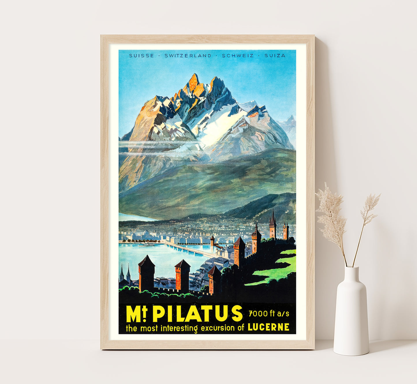 Pilatus mountain over Lucerne Switzerland vintage travel poster by unknown author, 1940s.