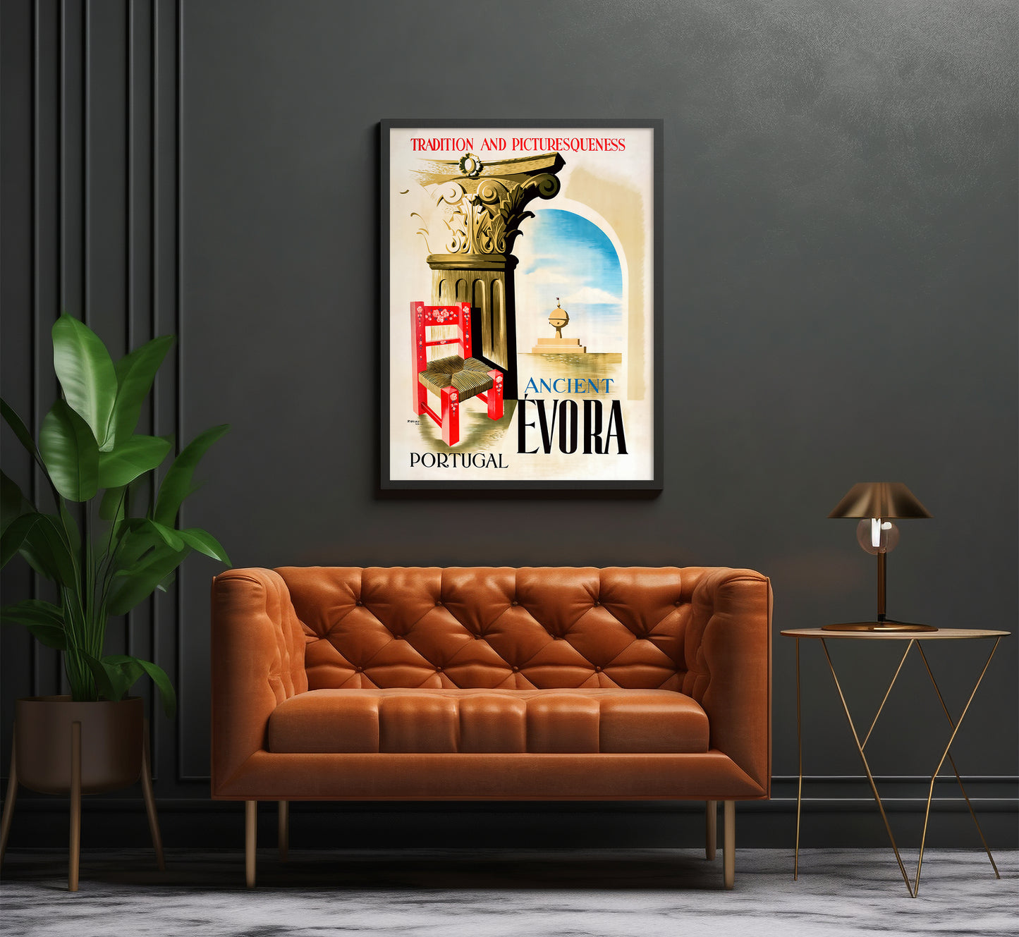 Ancient Evora Portugal vintage travel poster by Ribeiro, 1947.
