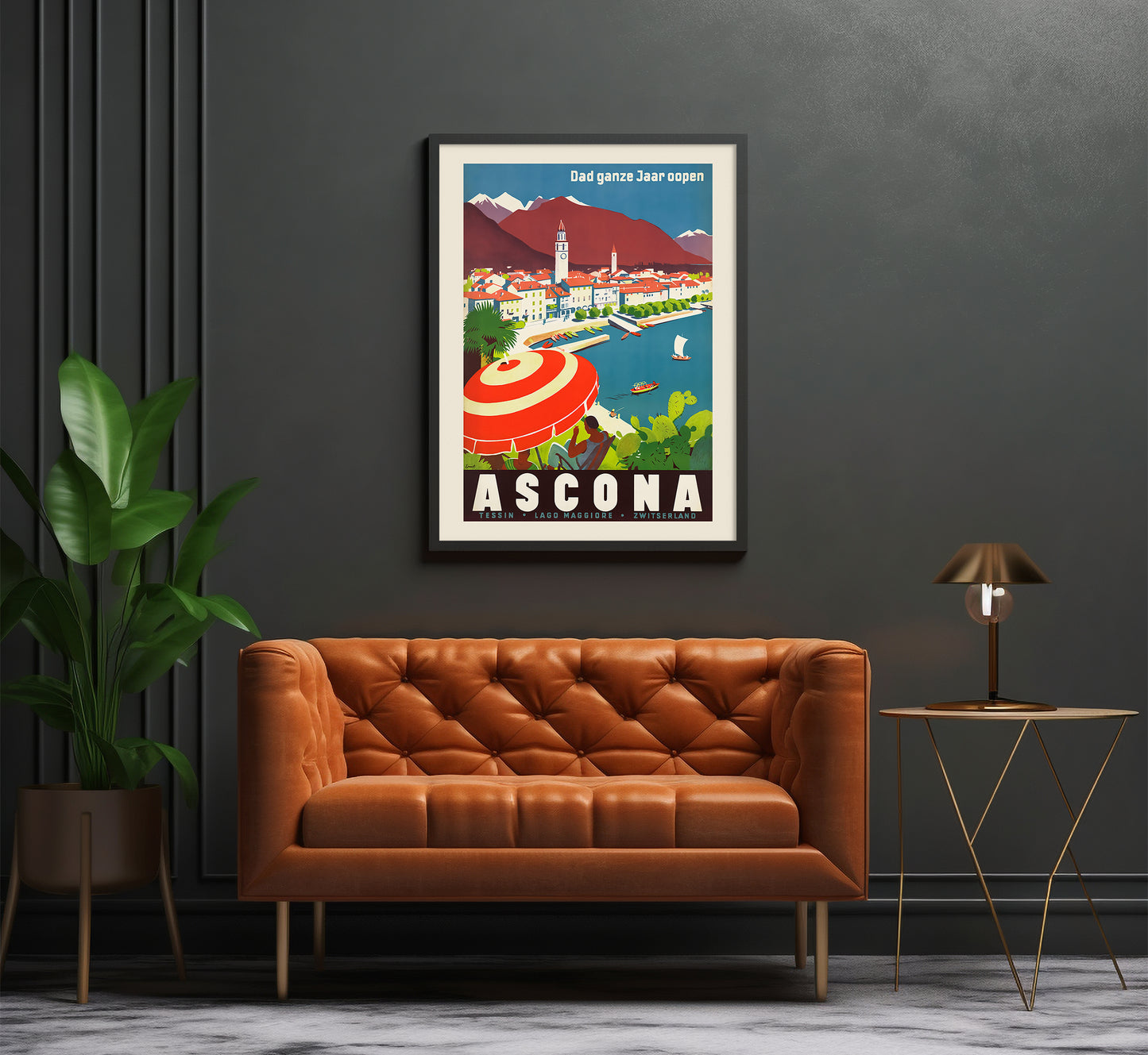 Ascona, Dad ganze Jaar oopen, Switzerland vintage travel poster by A. Trüb & Cie.