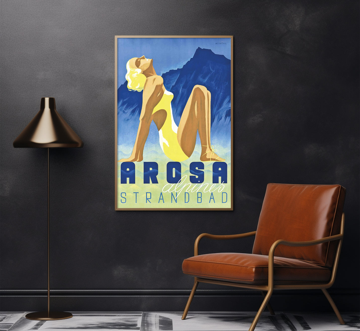 Arosa Strandbad, Switzerland vintage travel poster by Werner Weiskonig, 1930s.