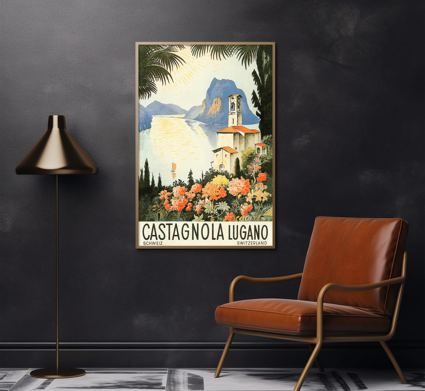 Castagnola, Lugano lake, Switzerland vintage travel poster by Mario Pescini from, c. 1937.
