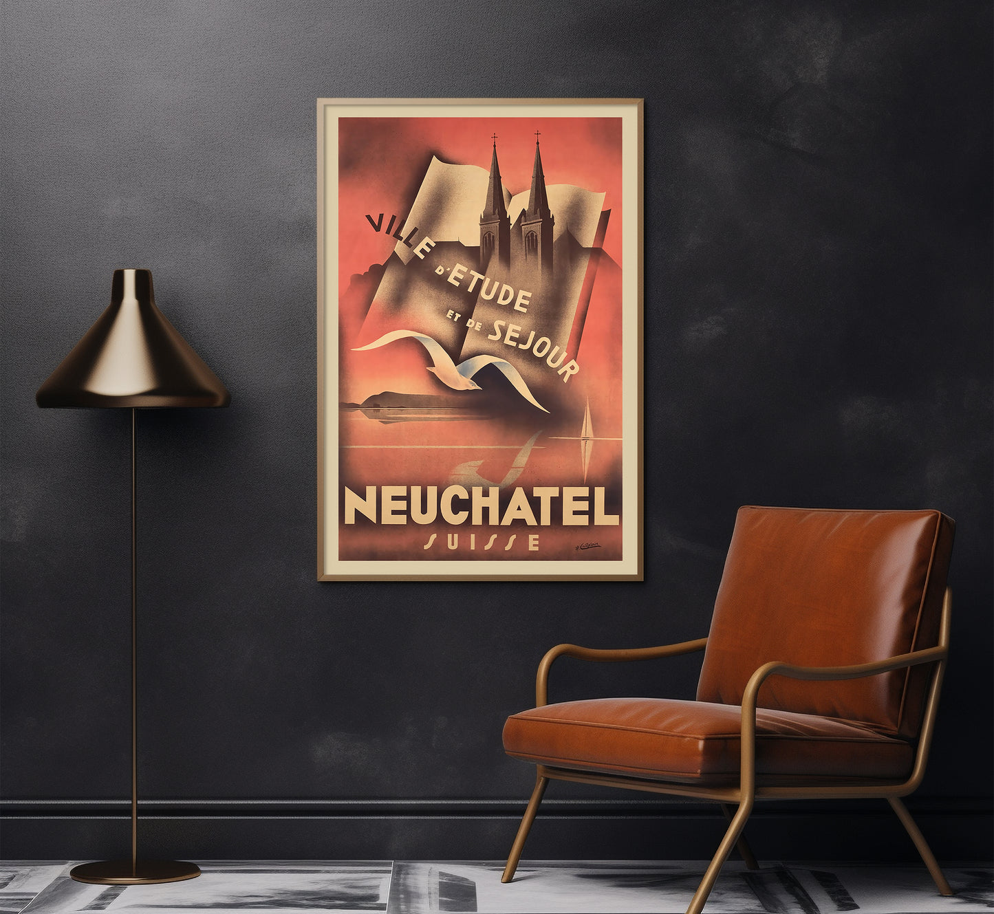 Rare Art Deco Neuchatel Switzerland vintage travel poster by J.P. Chatelain, 1930.