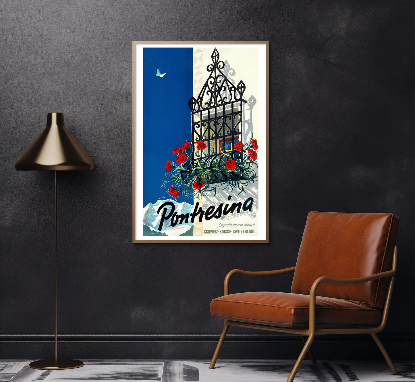 Pontresina, Switzerland vintage travel poster by Martin Peikert, 1930s.