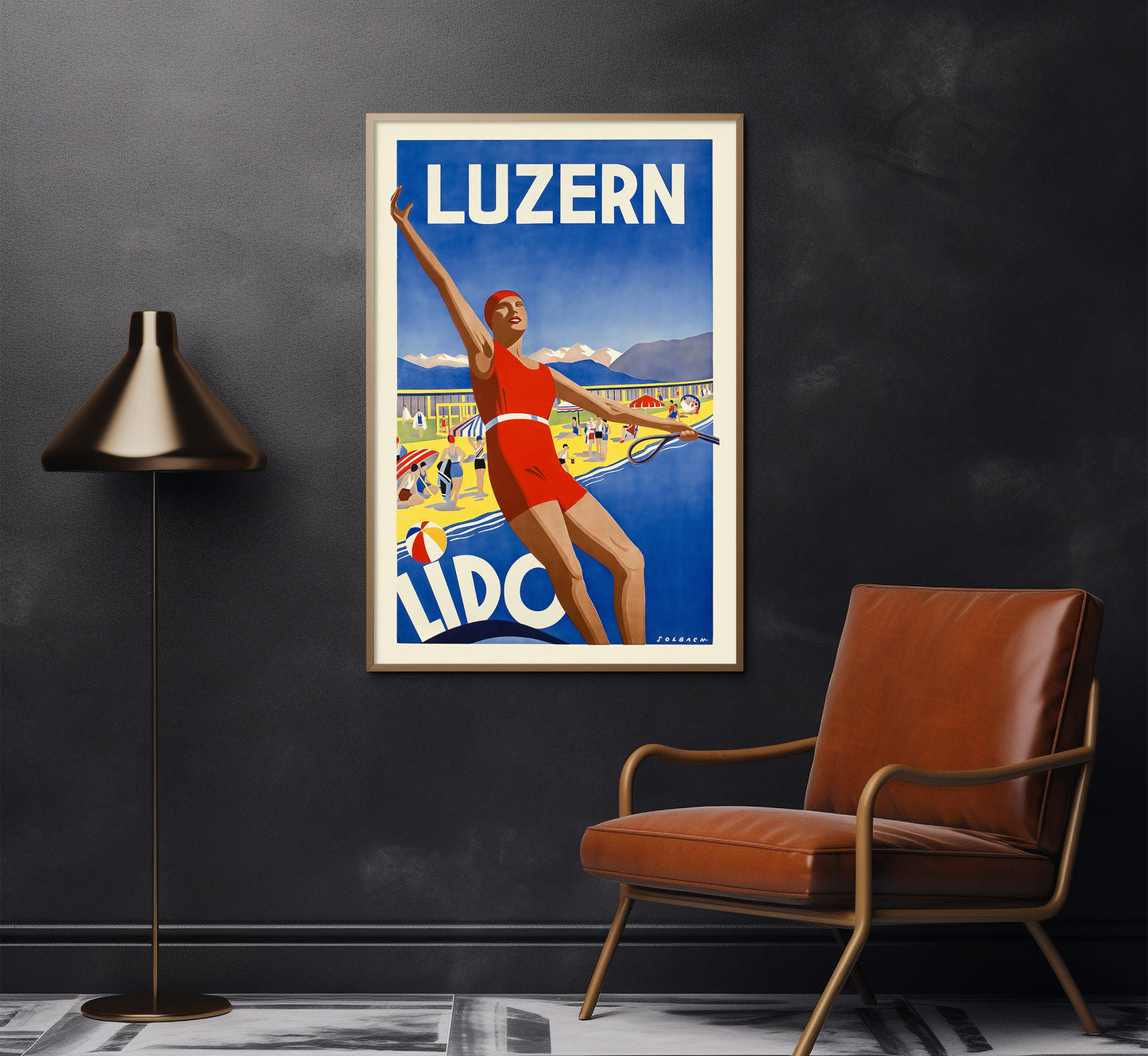 Luzern Lido Switzerland Vintage Travel Poster by Solbach, c. 1932.