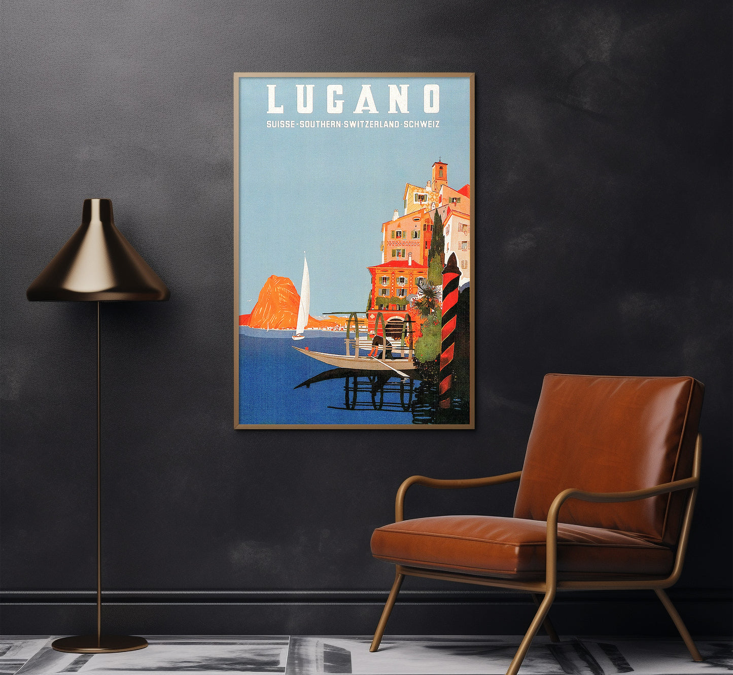 Lugano lake, Switzerland vintage travel poster by unknown author, c. 1930.