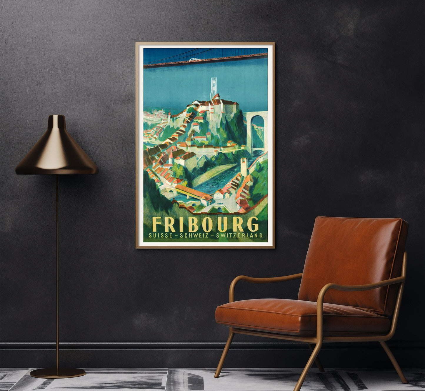 Fribourg, Switzerland vintage travel poster by Willy Jordan, c. 1945.