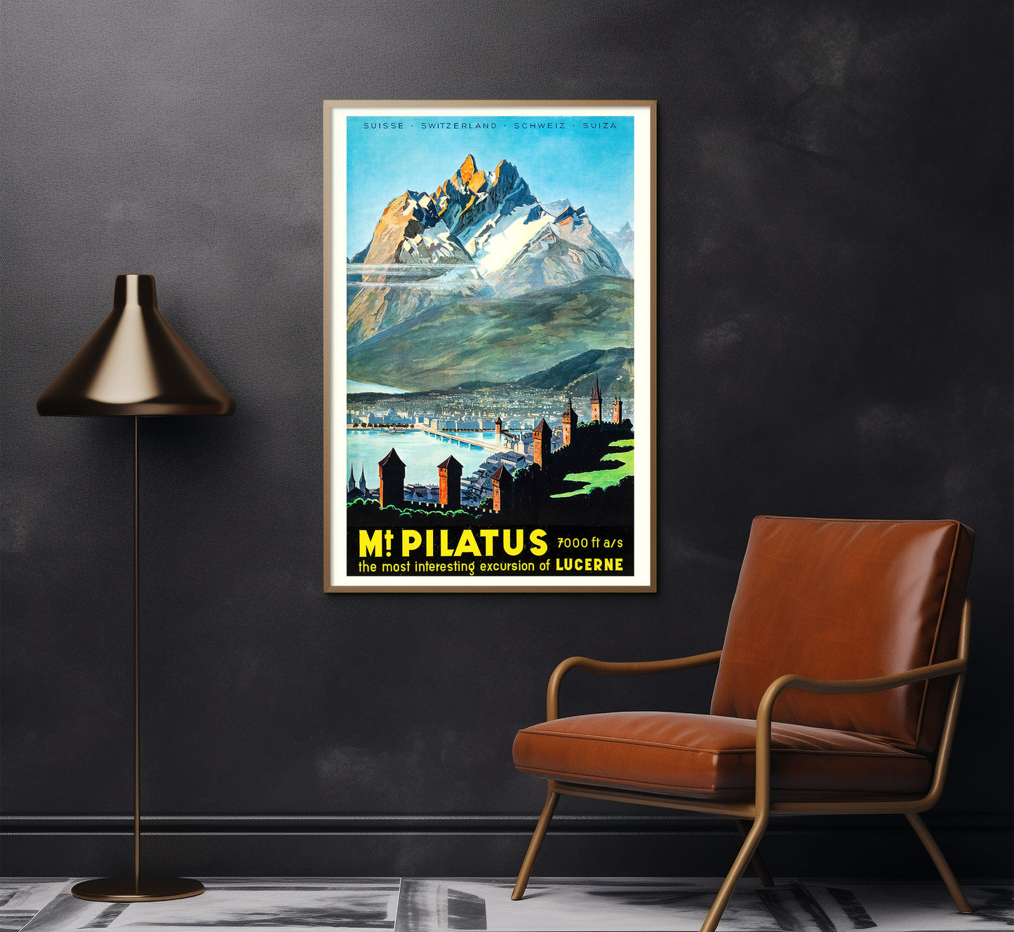 Pilatus mountain over Lucerne Switzerland vintage travel poster by unknown author, 1940s.