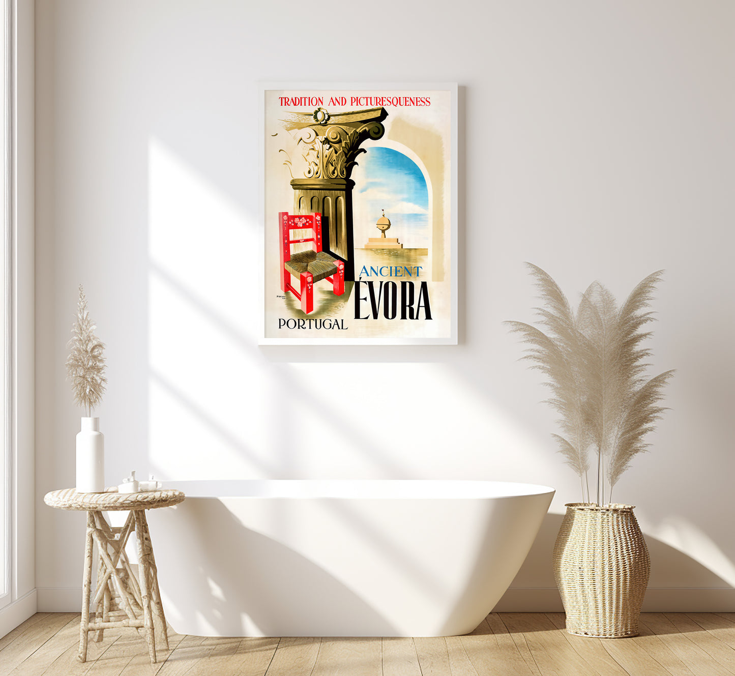 Ancient Evora Portugal vintage travel poster by Ribeiro, 1947.