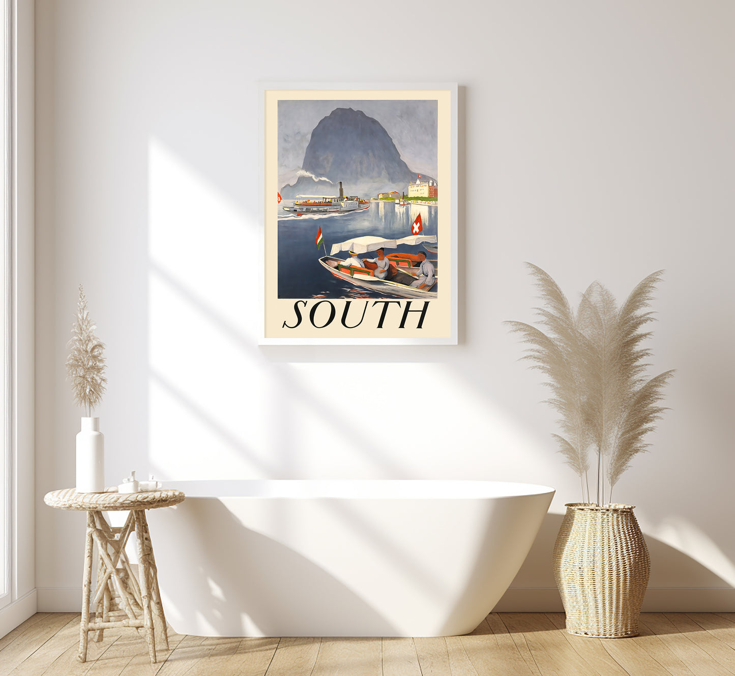 South, Lugano lake, Switzerland vintage travel poster by Otto Baumberger, 1924.