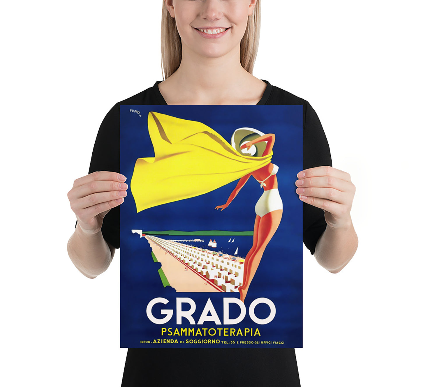 Grado, Psammatoterapia, Province of Gorizia, Italy vintage poster by Mario Puppo, 1910-1955.