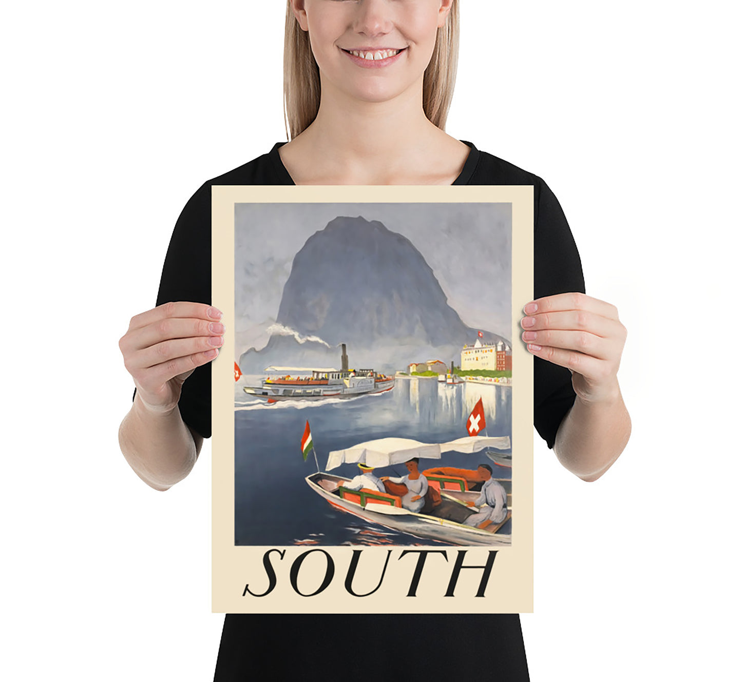 South, Lugano lake, Switzerland vintage travel poster by Otto Baumberger, 1924.