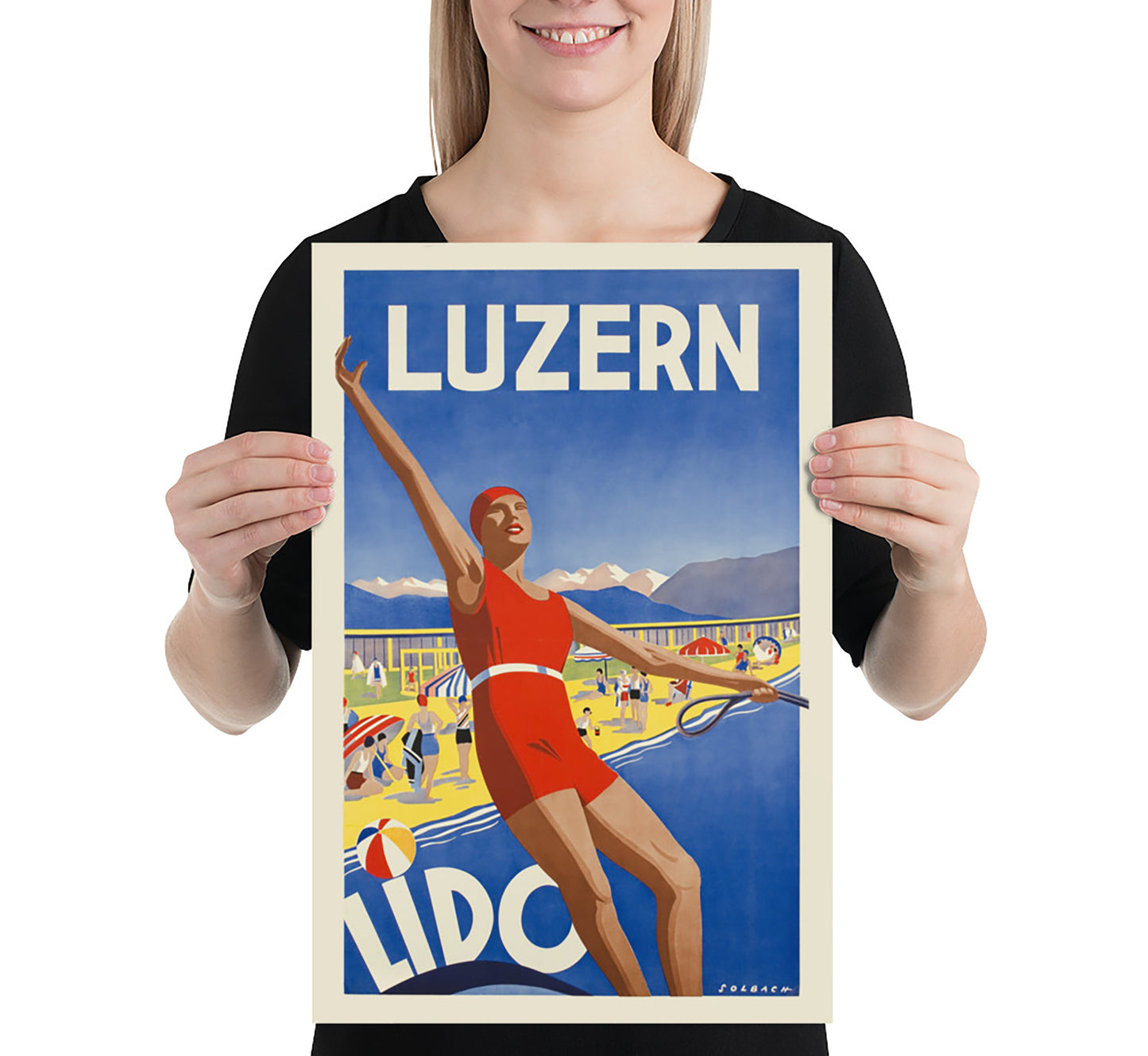 Luzern Lido Switzerland Vintage Travel Poster by Solbach, c. 1932.