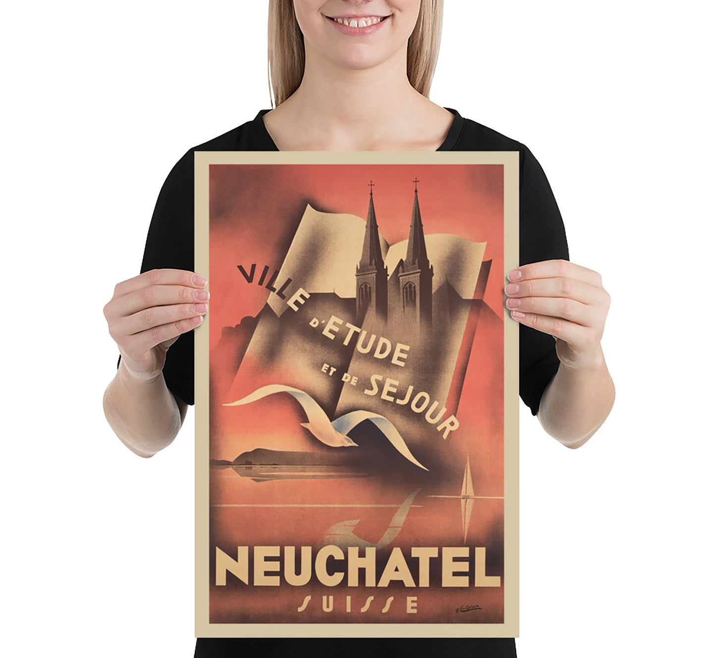 Rare Art Deco Neuchatel Switzerland vintage travel poster by J.P. Chatelain, 1930.