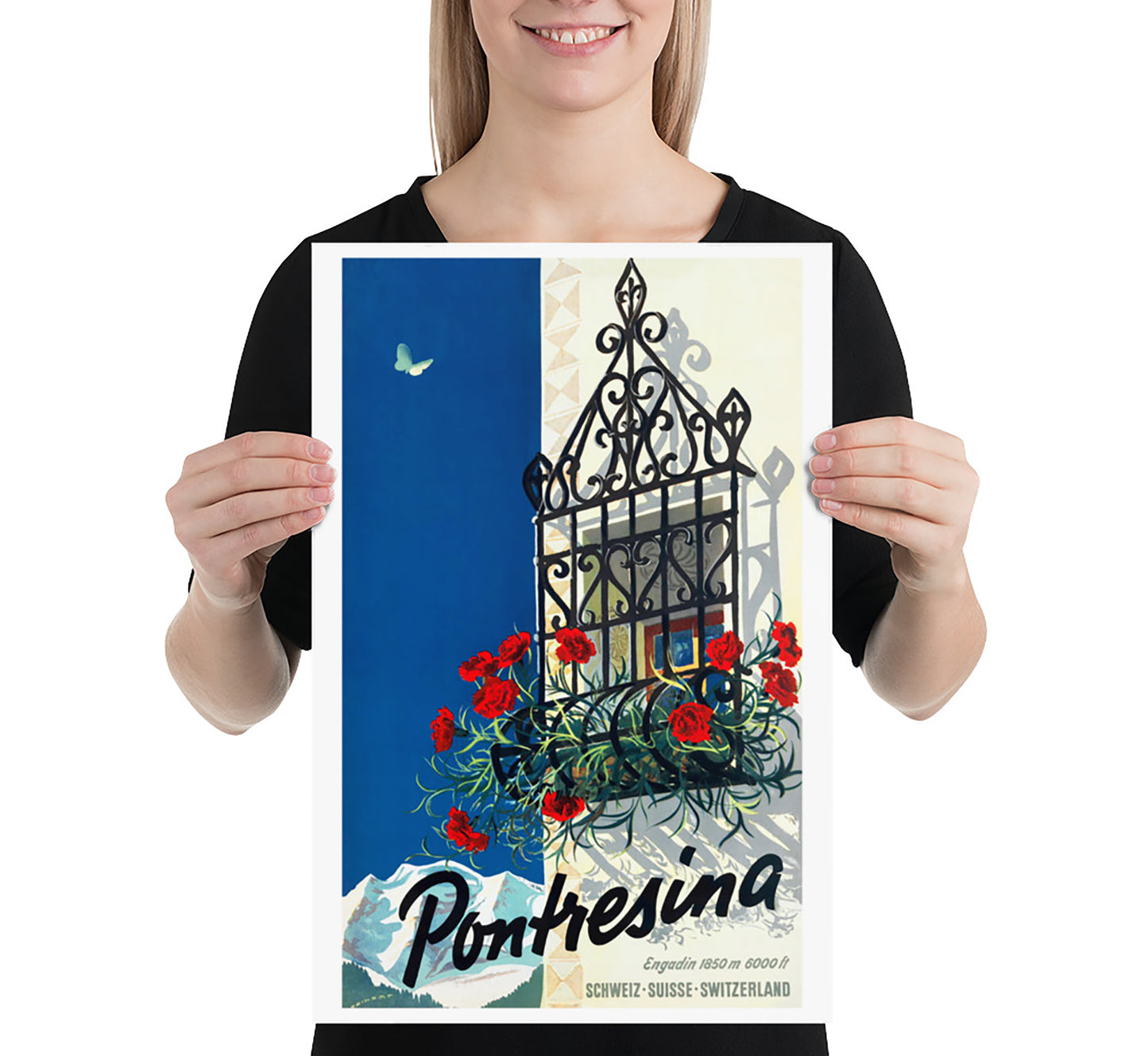 Pontresina, Switzerland vintage travel poster by Martin Peikert, 1930s.