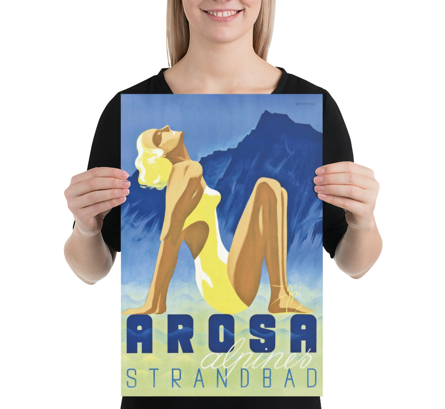 Arosa Strandbad, Switzerland vintage travel poster by Werner Weiskonig, 1930s.