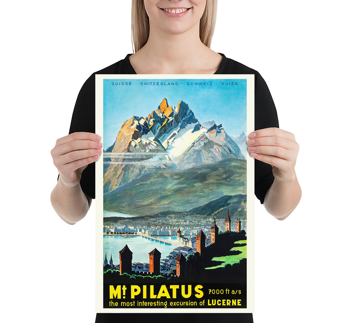 Pilatus mountain over Lucerne Switzerland vintage travel poster by unknown author, 1940s.