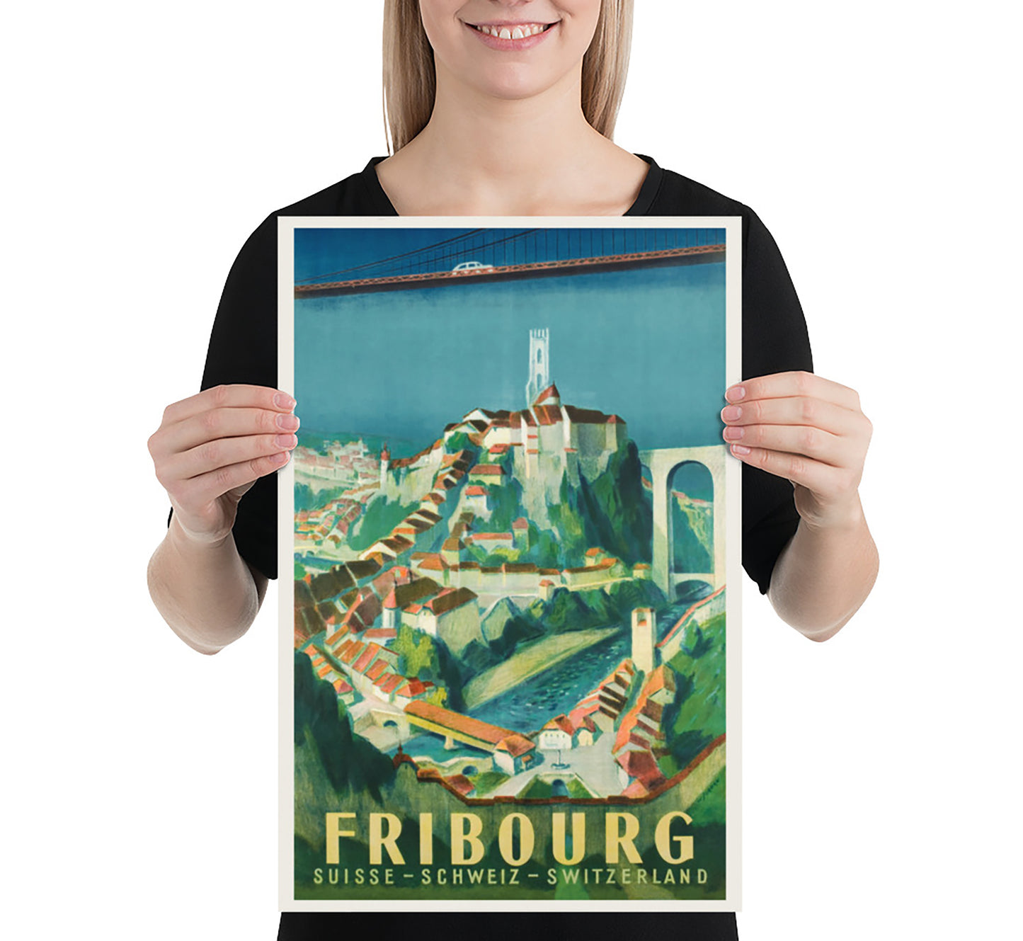 Fribourg, Switzerland vintage travel poster by Willy Jordan, c. 1945.