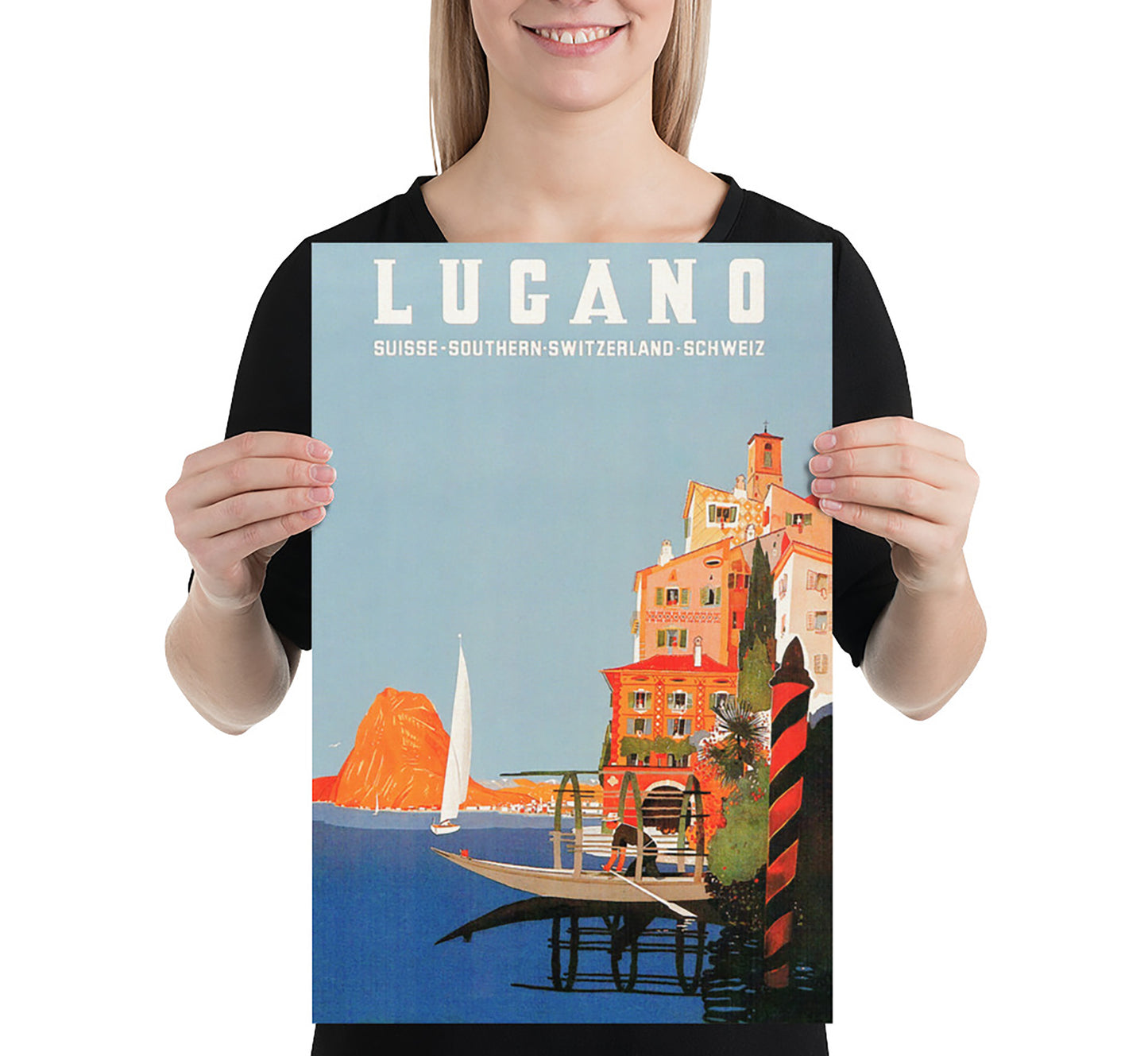 Lugano lake, Switzerland vintage travel poster by unknown author, c. 1930.