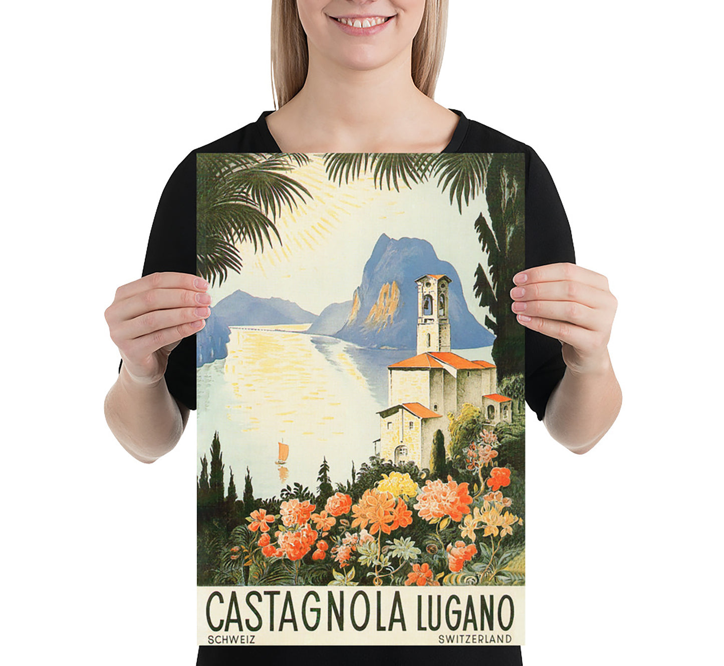 Castagnola, Lugano lake, Switzerland vintage travel poster by Mario Pescini from, c. 1937.