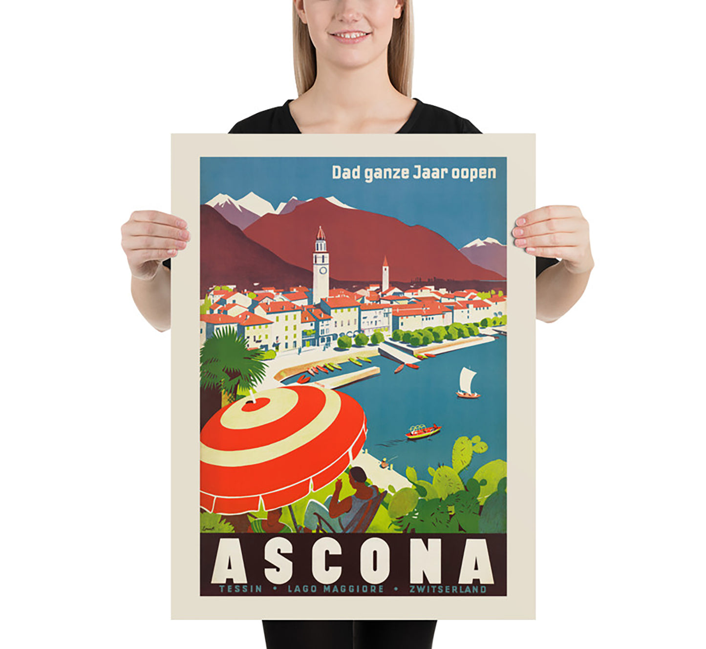 Ascona, Dad ganze Jaar oopen, Switzerland vintage travel poster by A. Trüb & Cie.