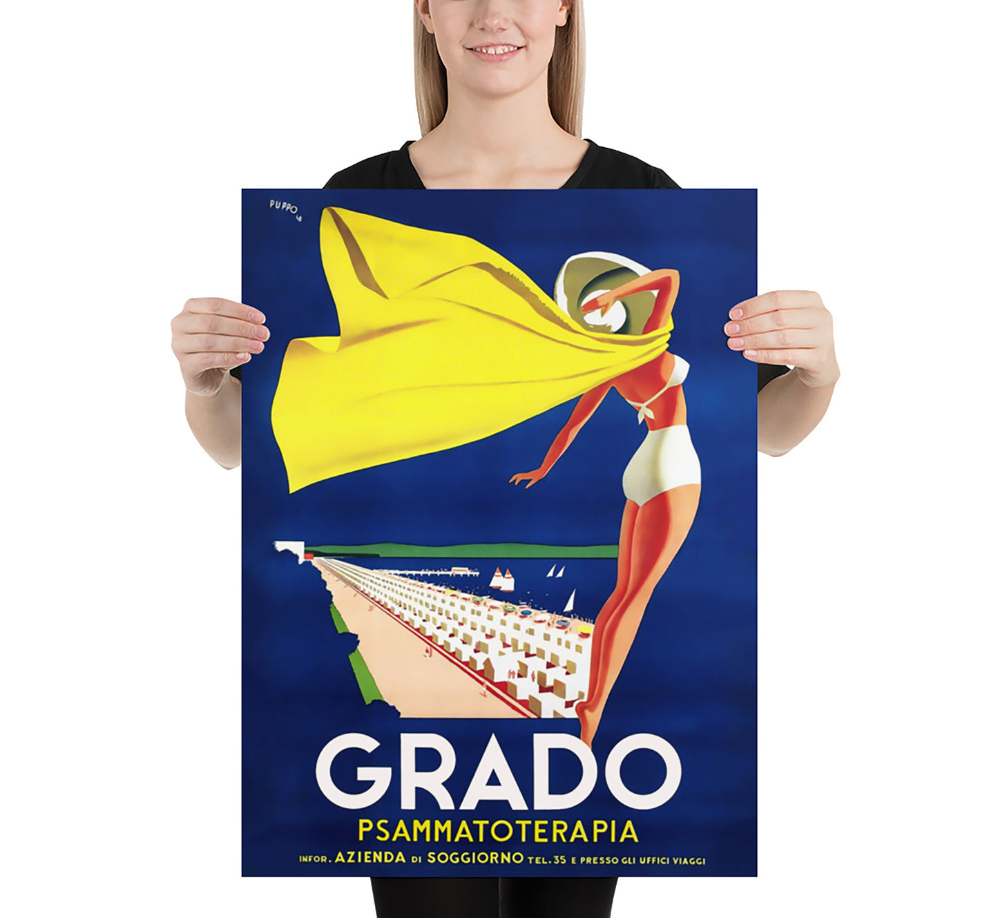 Grado, Psammatoterapia, Province of Gorizia, Italy vintage poster by Mario Puppo, 1910-1955.