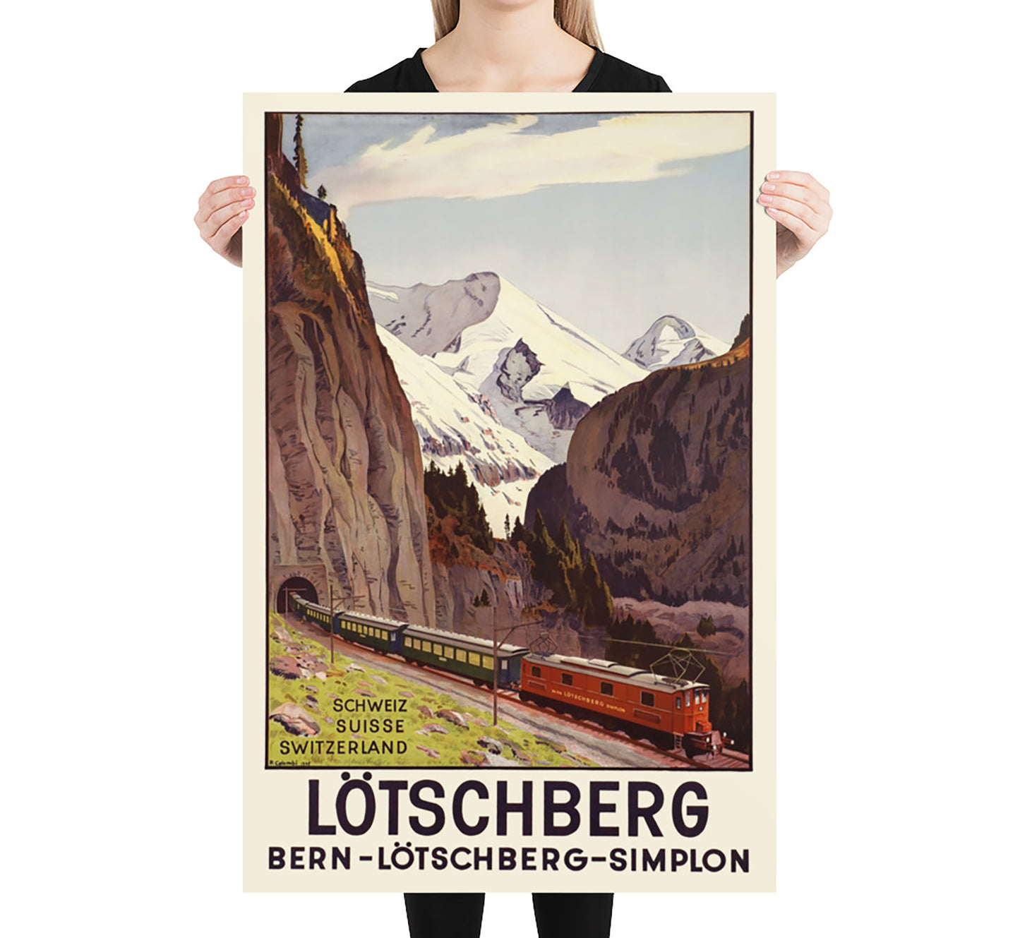 Lotschberg Simplon, Switzerland vintage travel poster by Plinio Colombi, c. 1937.