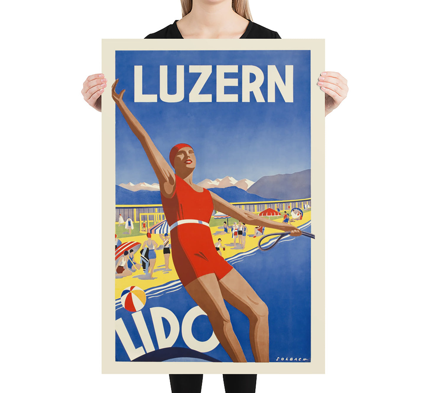 Luzern Lido Switzerland Vintage Travel Poster by Solbach, c. 1932.