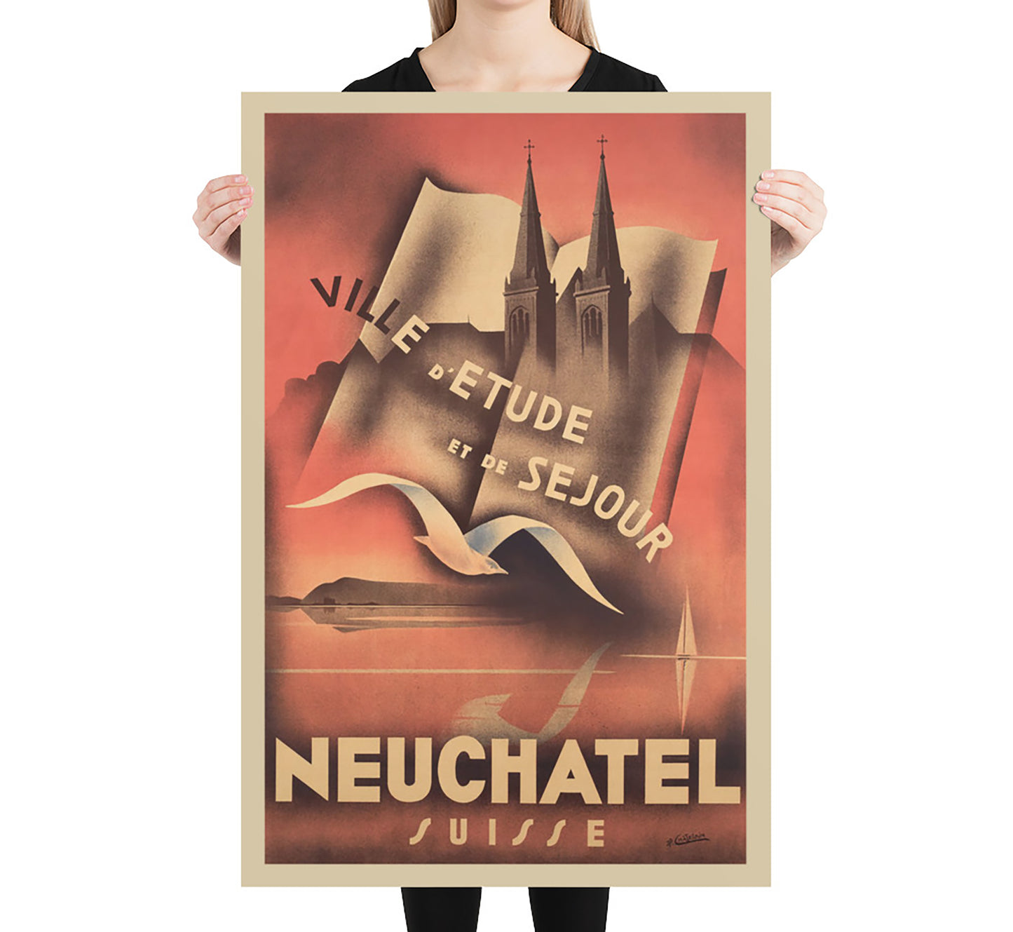 Rare Art Deco Neuchatel Switzerland vintage travel poster by J.P. Chatelain, 1930.